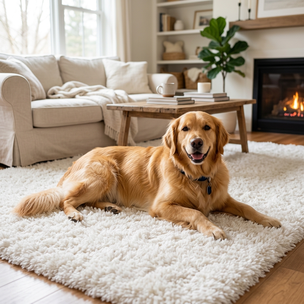Happy golden retriever dog lying safely on freshly cleaned fluffy carpet